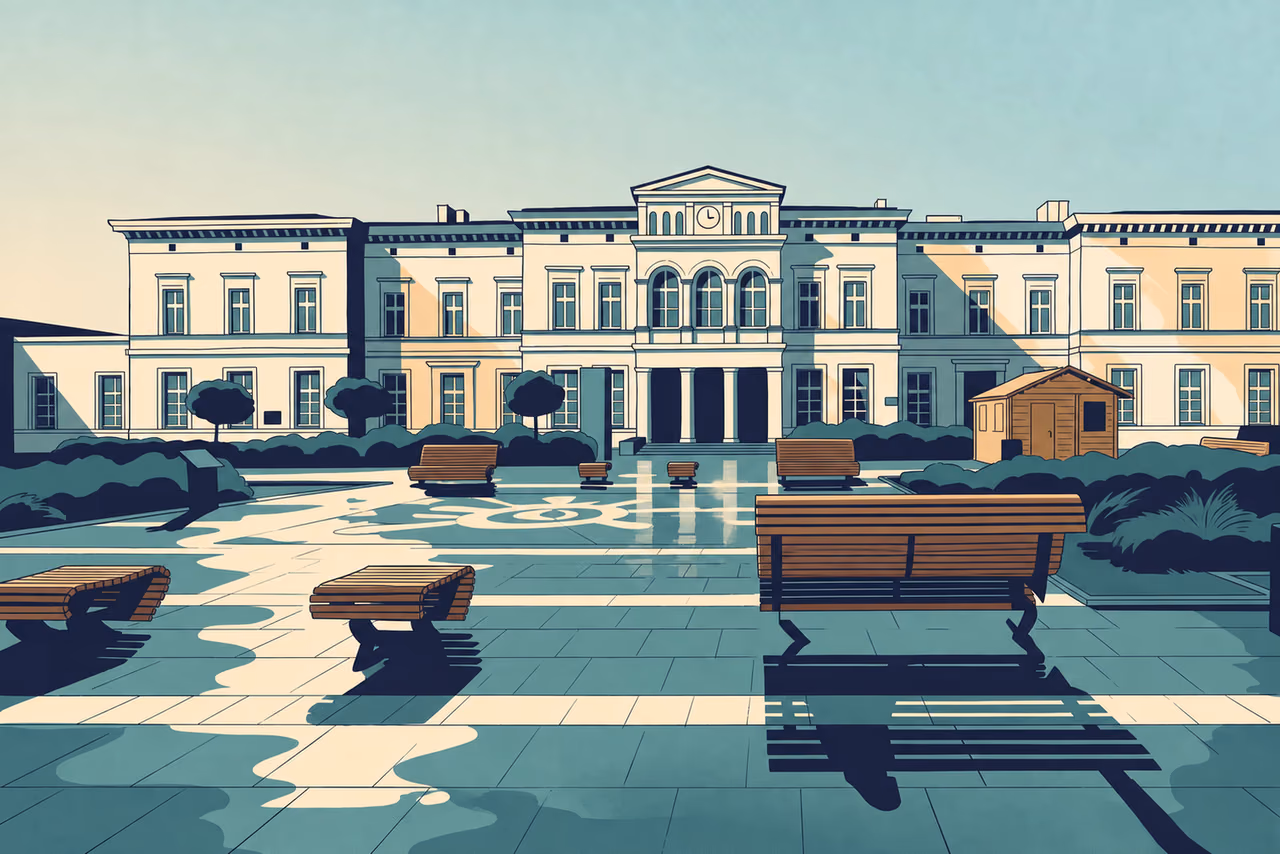 Ilustracja placu przed dworcem Sosnowiec Główny.