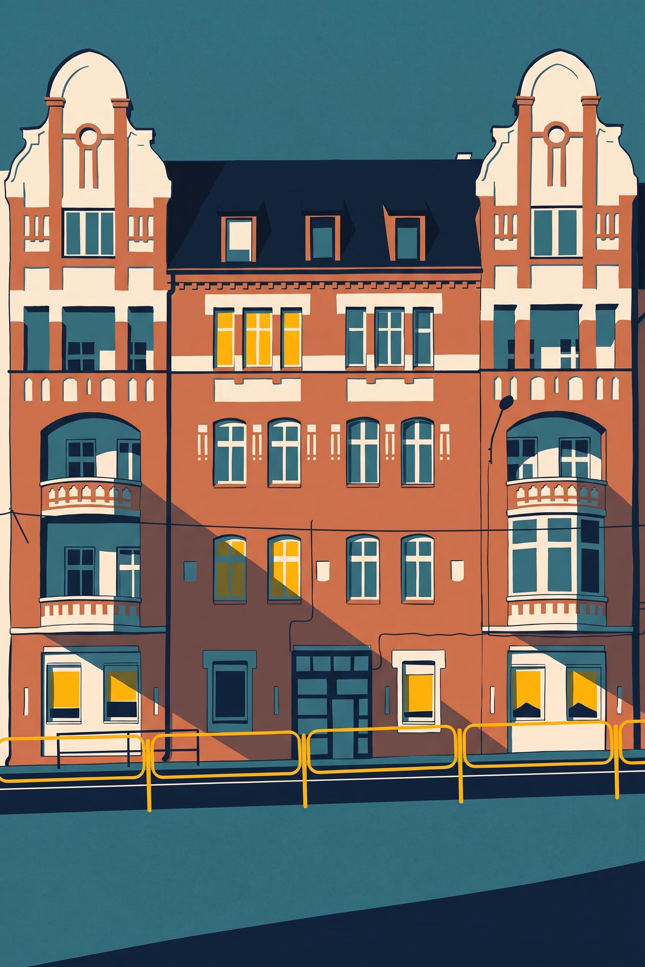 Ilustracja ceglanej kamienicy przy ulicy Katowickiej w Chorzowie.