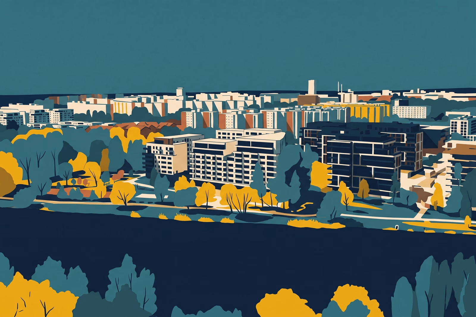 Ilustracja osiedla nad stawem w Katowicach.
