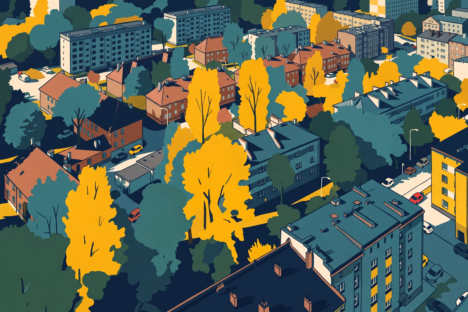 Ilustracja dzielnicy mieszkaniowej Siemianowic Śląskich z lotu ptaka.