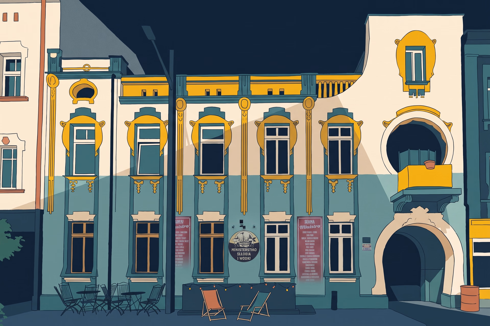 Ilustracja secesyjnej kamienicy przy ulicy Małachowskiego w Sosnowcu.