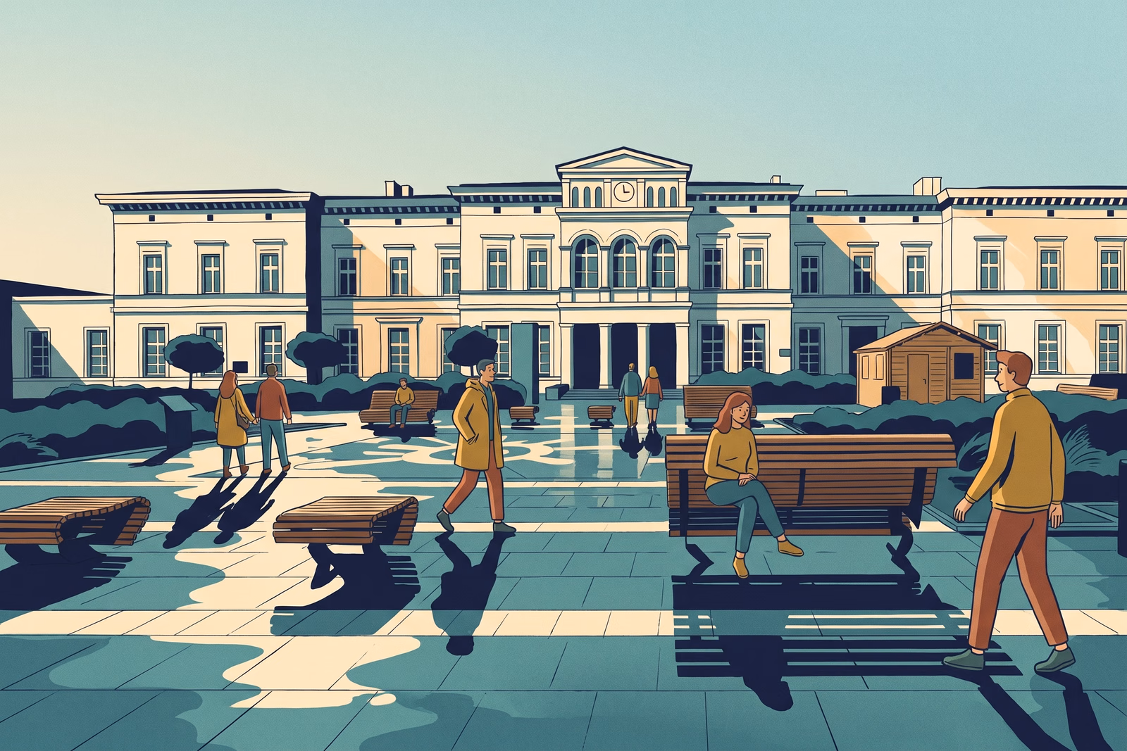 Ilustracja placu przed dworcem Sosnowiec Główny.