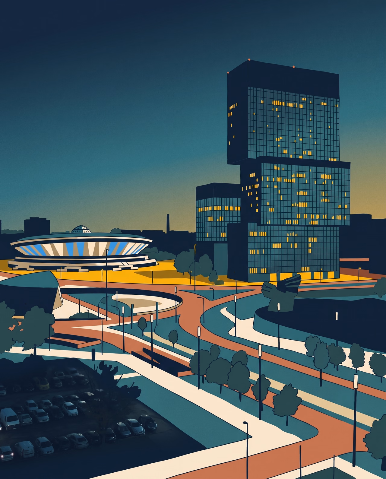 Ilustracja panoramy Katowic o zmierzchu, hala widowiskowa i wieże biurowe.