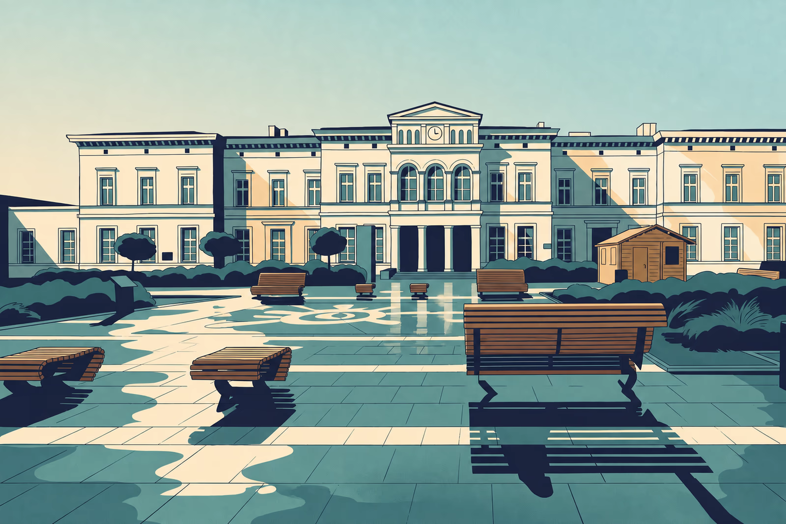 Ilustracja placu przed dworcem Sosnowiec Główny.